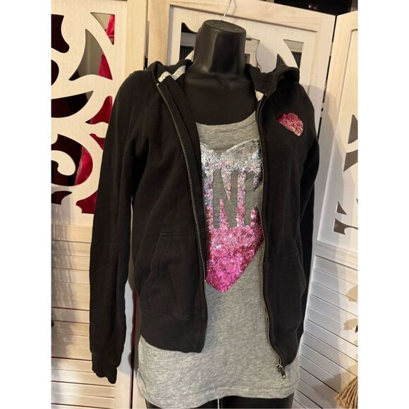 Vs pink y2k ombré pink iridescent heart sequin set -zip up hoodie & matching tee - Picture 1 of 16